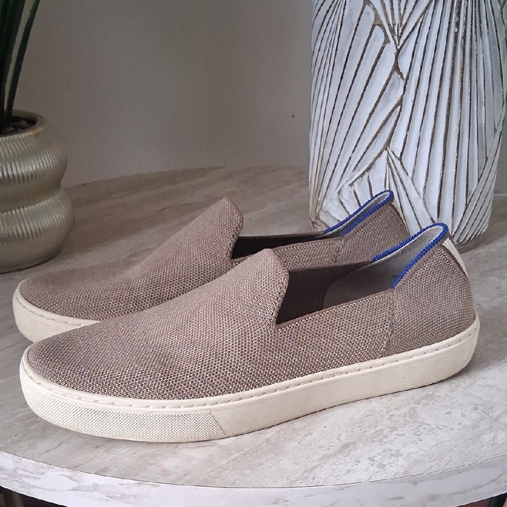 Rothy's Tan Slip-On Loafers with Blue Accents